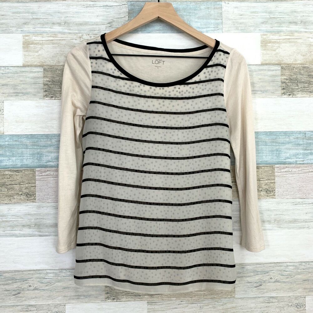 LOFT Crinkle Chiffon Striped Polka Dot Tee Beige Black 3/4 Sleeve Womens Size XS